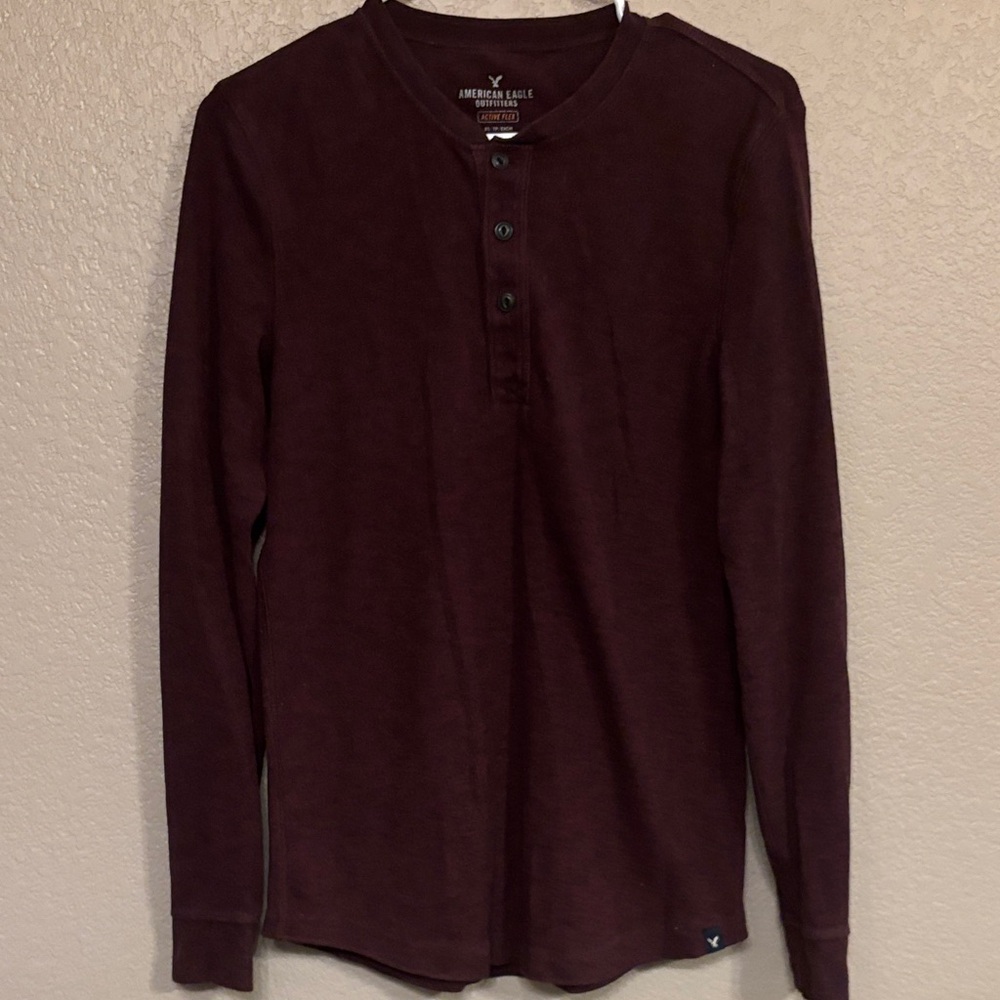 American Eagle Outfitters Men's Dark Red Henley Shirt
